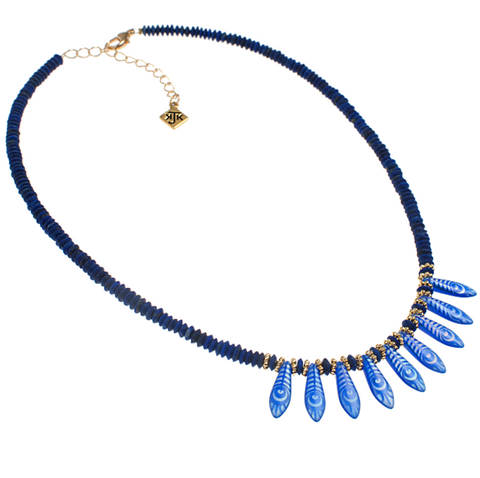 Bohemian Glass Peacock Lead with Matte Lapis Necklace