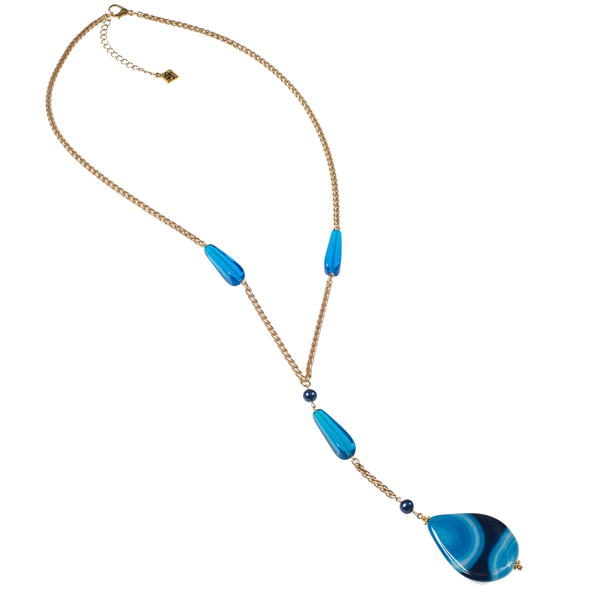 Long Blue Banded Agate Pendant On Wheat Chain - KJKStyle
