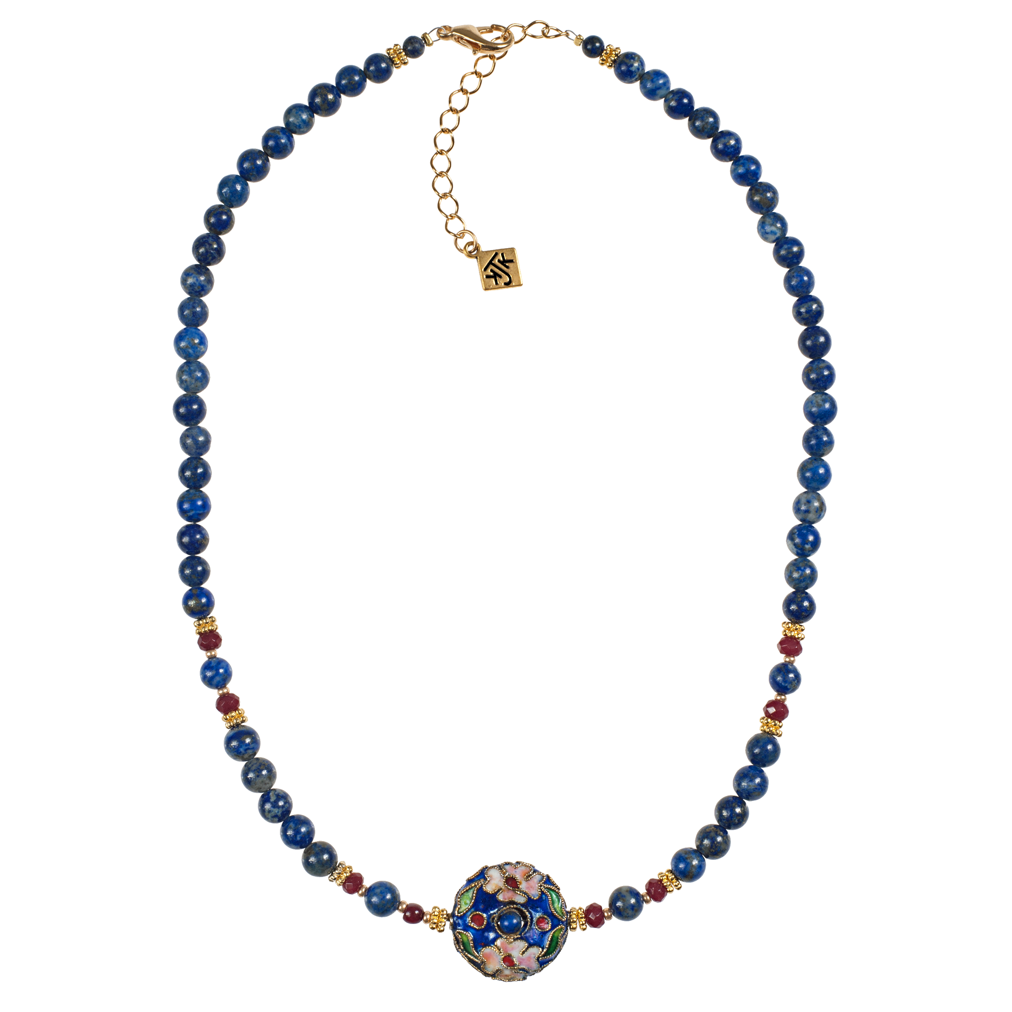 Floral Cloisonné Ring With Lapis & Ruby Jade Rondelle Choker