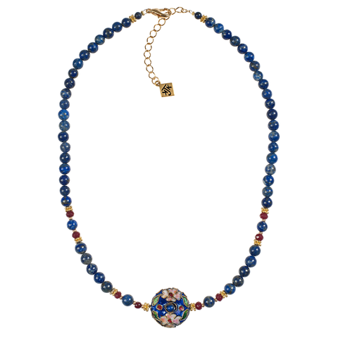 Floral Cloisonné Ring With Lapis & Ruby Jade Rondelle Choker