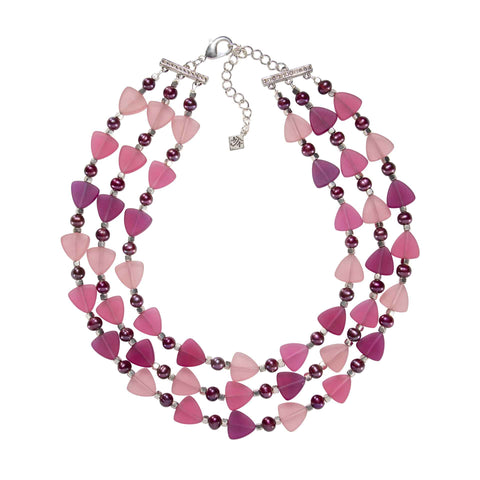 3-Strand Rose Frosted Glass Triangle With Cultured Pearls Choker