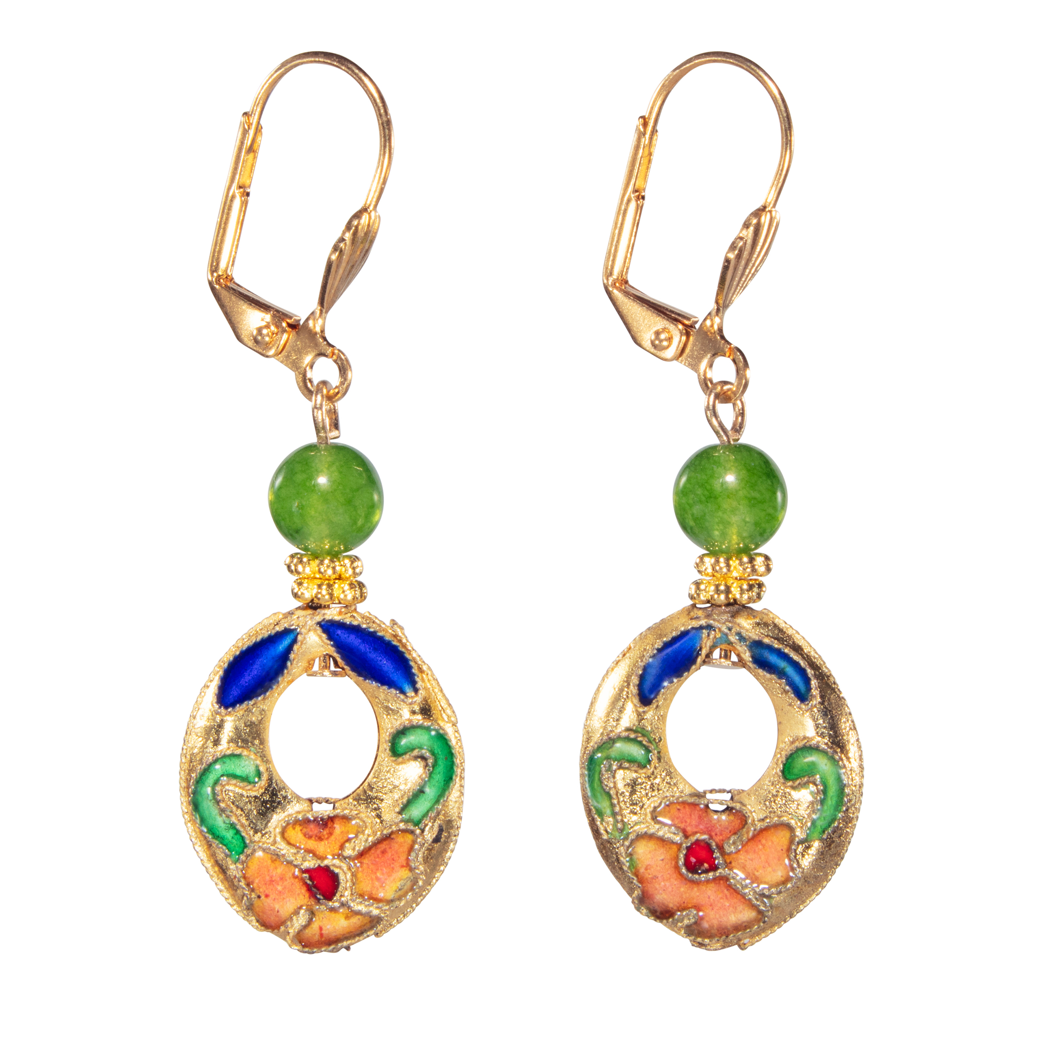 Floral Cloisonné With Jade Earring