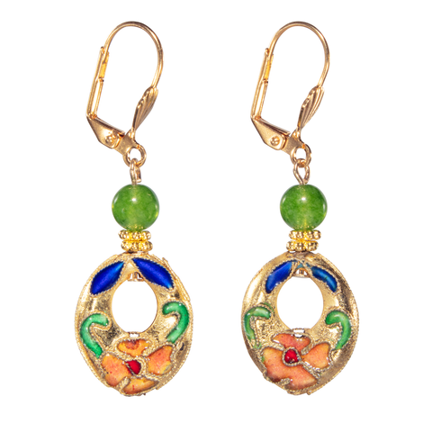 Floral Cloisonné With Jade Earring