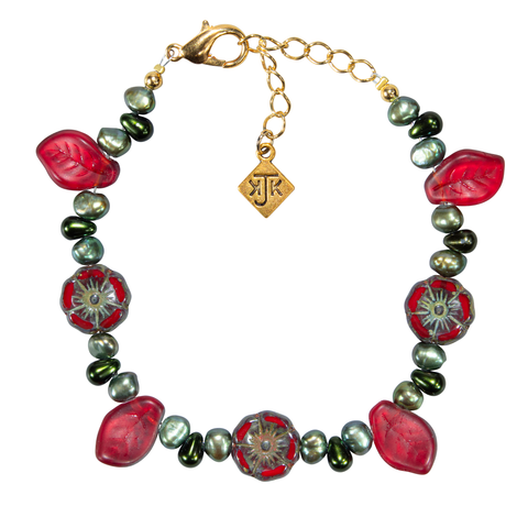 Red Czech Flowers & Leaves With Green Pearl & Glass Bracelet