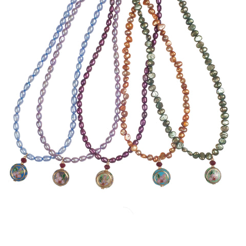 Cloisonné Coin On Cultured Pearls Choker