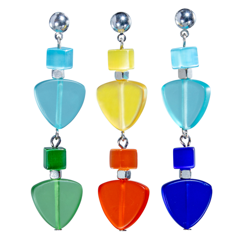 Rainbow Frosted Glass Triangle, Freeform & Fiber Optic Earring