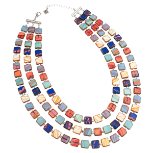 3-Strand Colorful Czech Glass Squares Choker