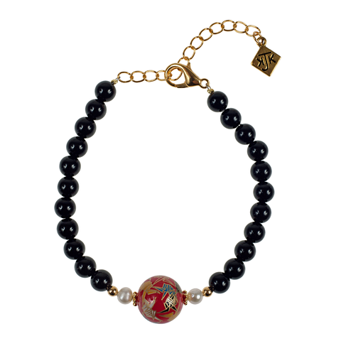 Japanese Red Crane, Cultured Pearl & Onyx Bracelet
