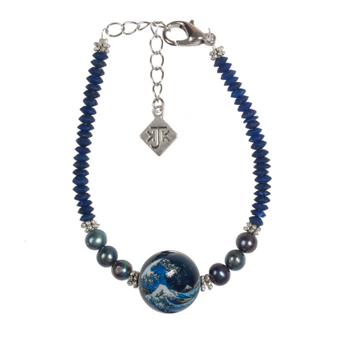Navy Blue Wave Tensha With Lapis And Peacock Pearl Bracelet