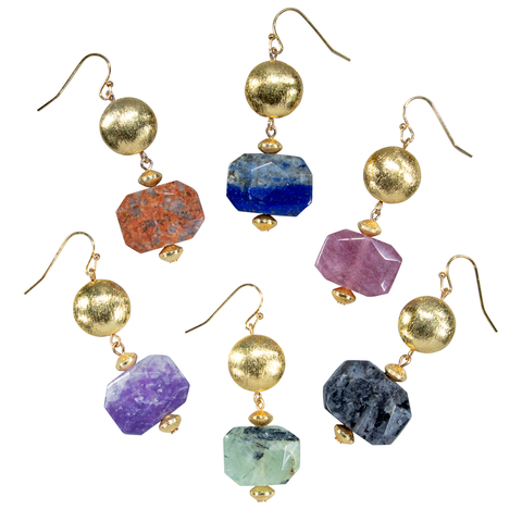 Natural Stone & Brushed Gold Disk On Earwire 
 Earring