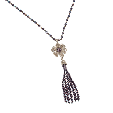Pavé Flower And Peacock Glass Pearl Tassel Necklace