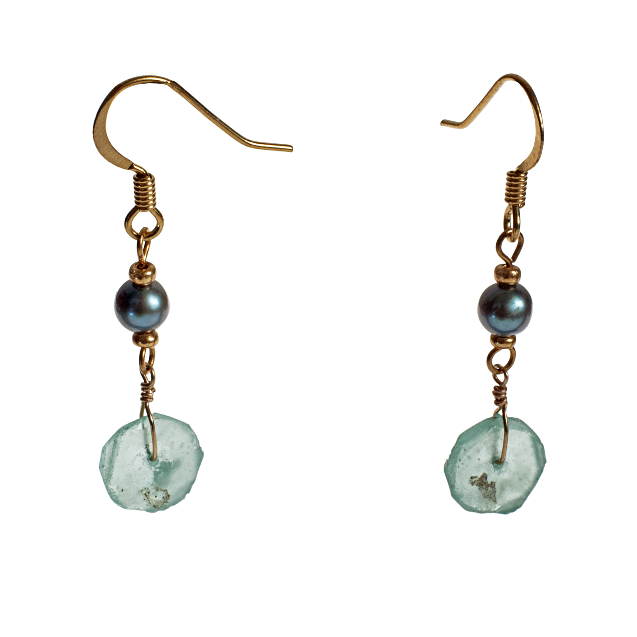 Genuine Roman Glass Drop & Cultured Pearl Earring