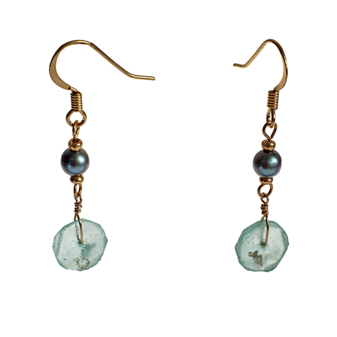 Genuine Roman Glass Drop & Cultured Pearl Earring