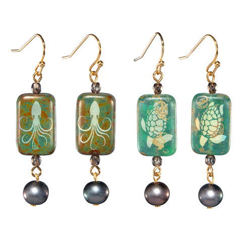 Peacock Pearl With Glass Sea Life Rectangle Earring