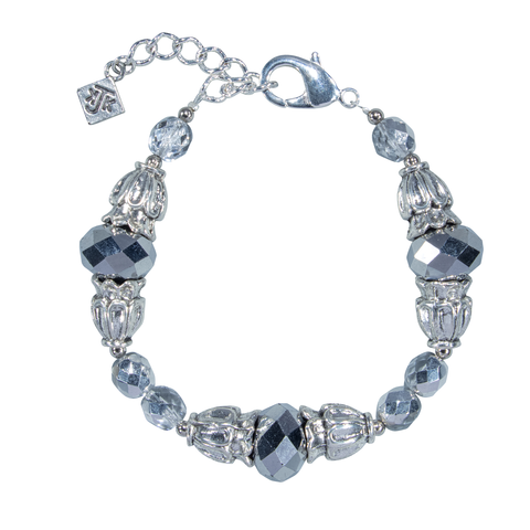 Faceted Metallic Crystals With Ornate Caps Bracelet