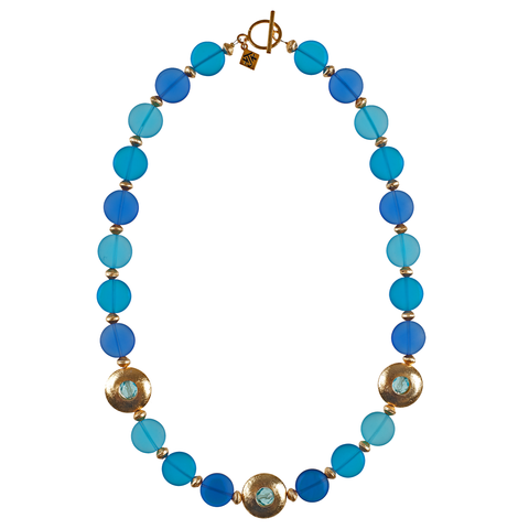 Blue Frosted Coins & Brushed Gold Necklace