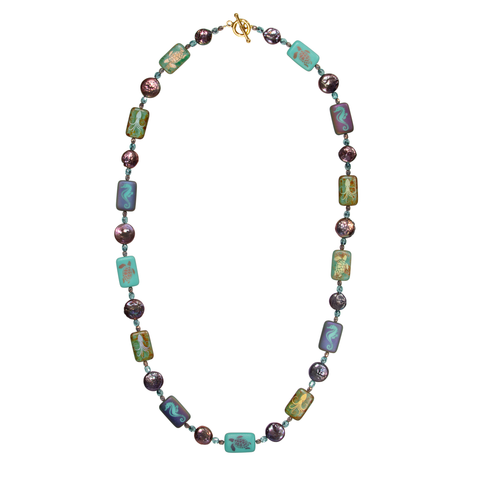 24" Coin Pearl With Glass Sea Life Rectangles Necklace