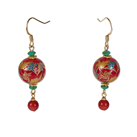 Japanese Red Tensha Crane, Coral & Matte Turquoise Earring