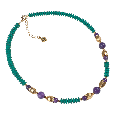 Amethyst And Matte Turquoise Lotus  Choker