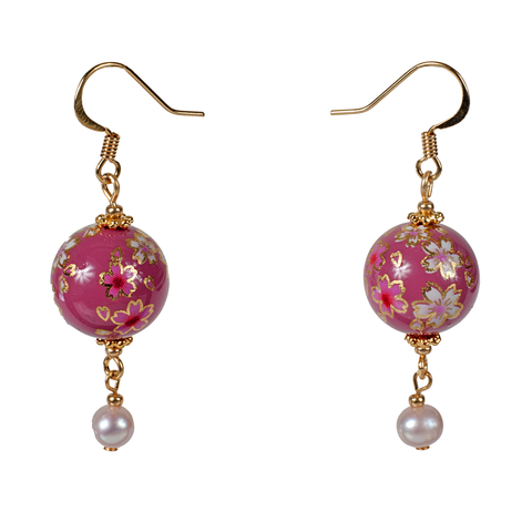 Pink Cherry Blossom Tensha With Cultured Pearl Earring