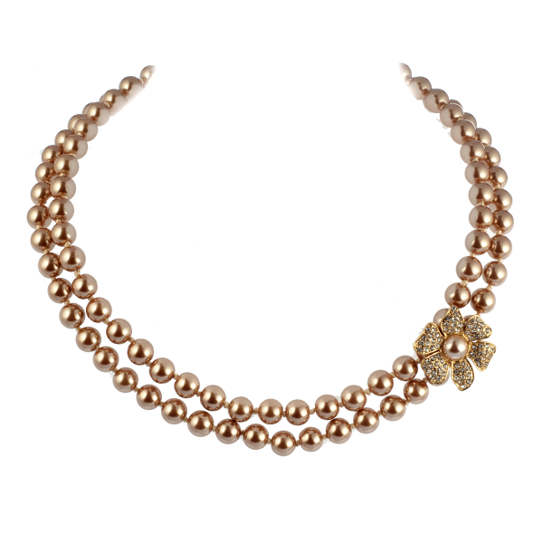 Double Strand Champagne Glass Pearl With Pave Flower Necklace