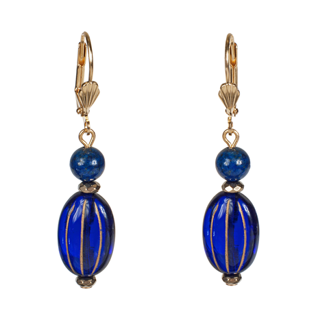 Gold Ribbed Cobalt Glass With Lapis Earring