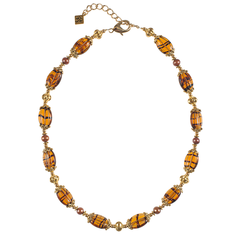 Czech Gold Ribbed Glass & Cultured Pearl Necklace