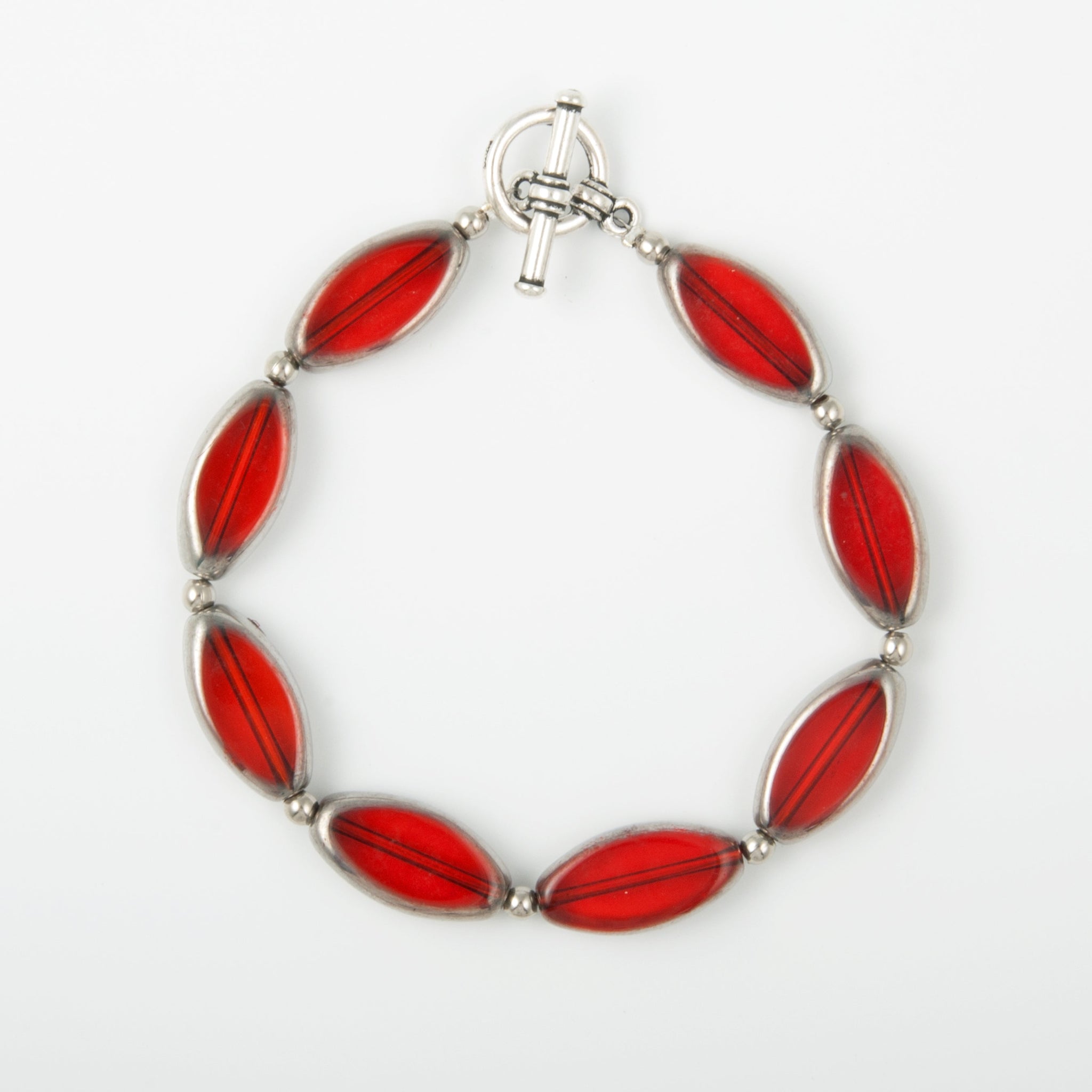 Silver Edged Red Glass Ellipse Bracelet