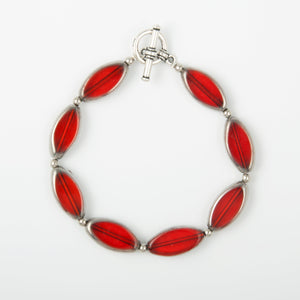 Silver Edged Red Glass Ellipse Bracelet