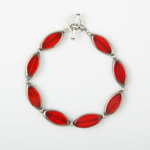 Silver Edged Red Glass Ellipse Bracelet