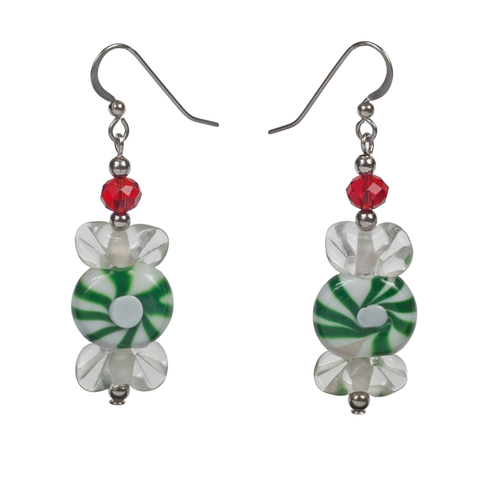 Green  Lampwork Glass Holiday Candy Earring