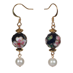 Black Flower Cloisonne & Cultured Pearl  Earring