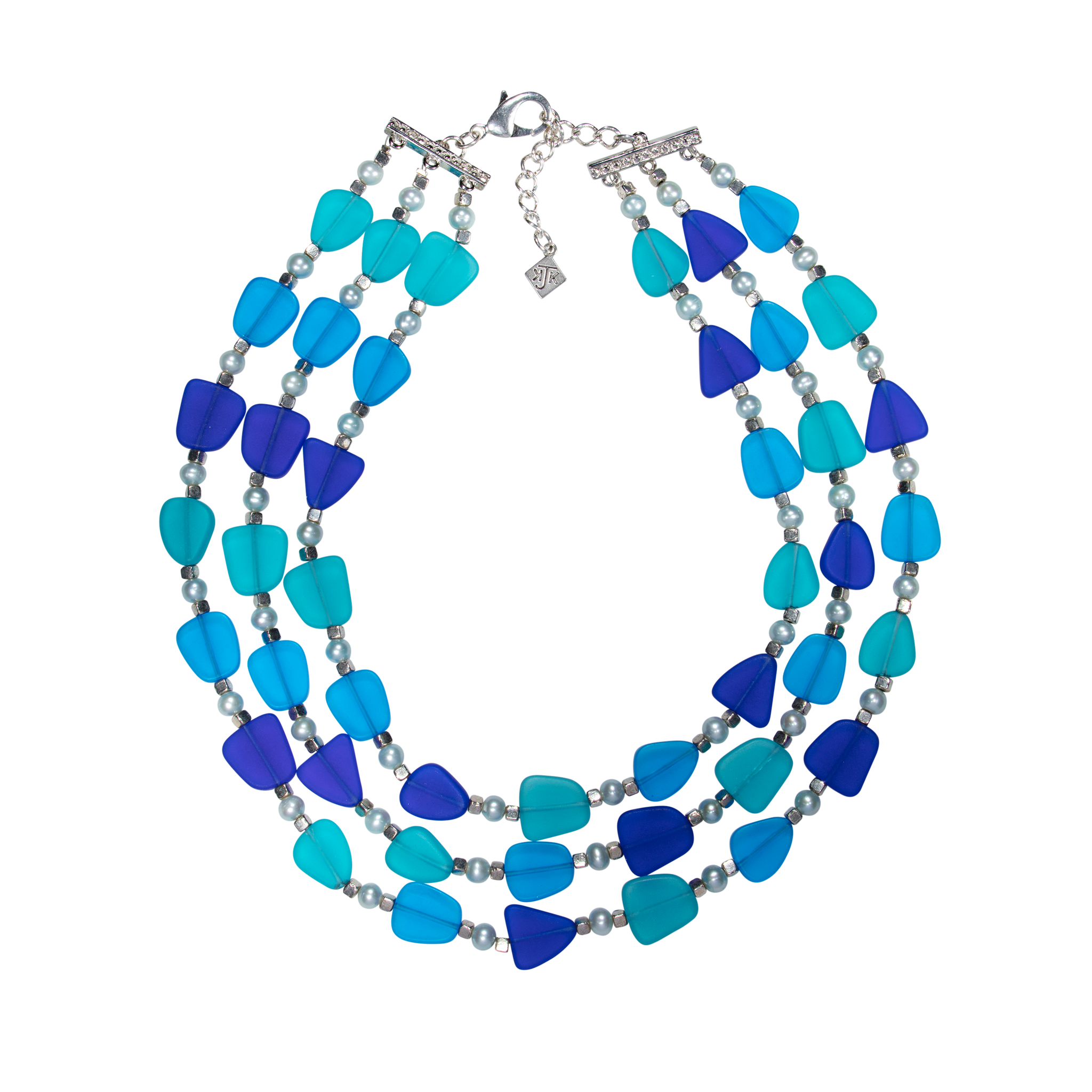 3-Strand Blue Frosted Glass With Lt Blue Cultured Pearls Choker