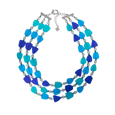 3-Strand Blue Frosted Glass With Lt Blue Cultured Pearls Choker