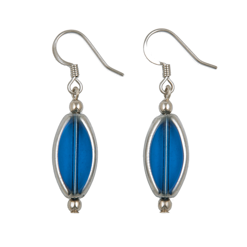 Silver Edged Ellipse Blue Glass Earring