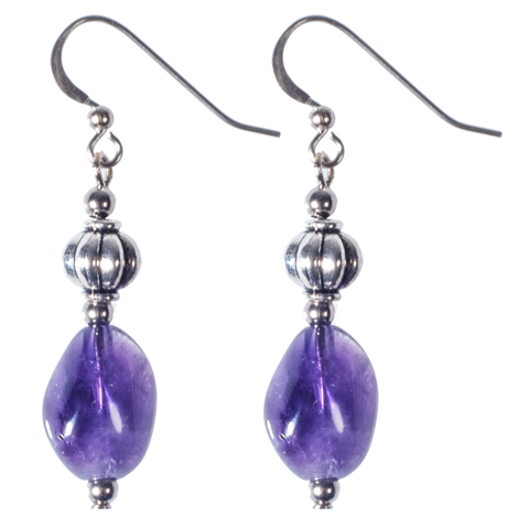 Natural Amethyst Nugget & Silver Melon Earring