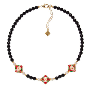 Red Cloisonné , Cultured Pearl & Onyx Choker