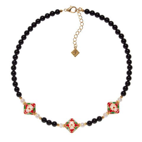 Red Cloisonné , Cultured Pearl & Onyx Choker