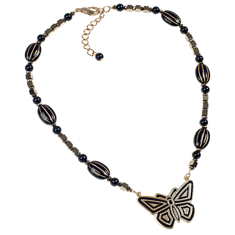Vintage Butterfly Pendant, Hematite, & Pressed Glass Choker