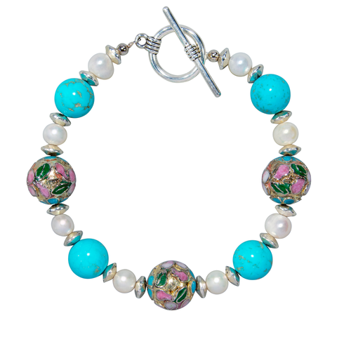 Silver Flower Cloisonne, Turquoise And Cultured Pearl Bracelet