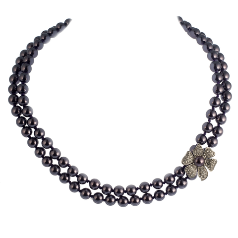 Double Strand Peacock Glass Pearl With Pavé Flower Necklace