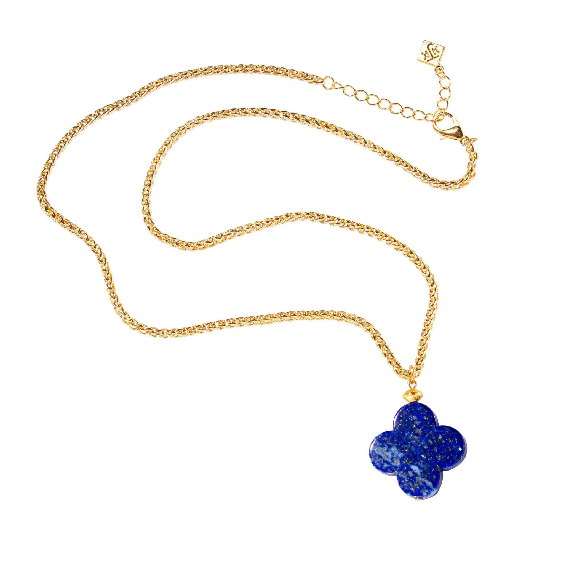 Lapis Quatrefoil On Long Gold Tone Chain Necklace