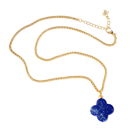 Lapis Quatrefoil On Long Gold Tone Chain Necklace