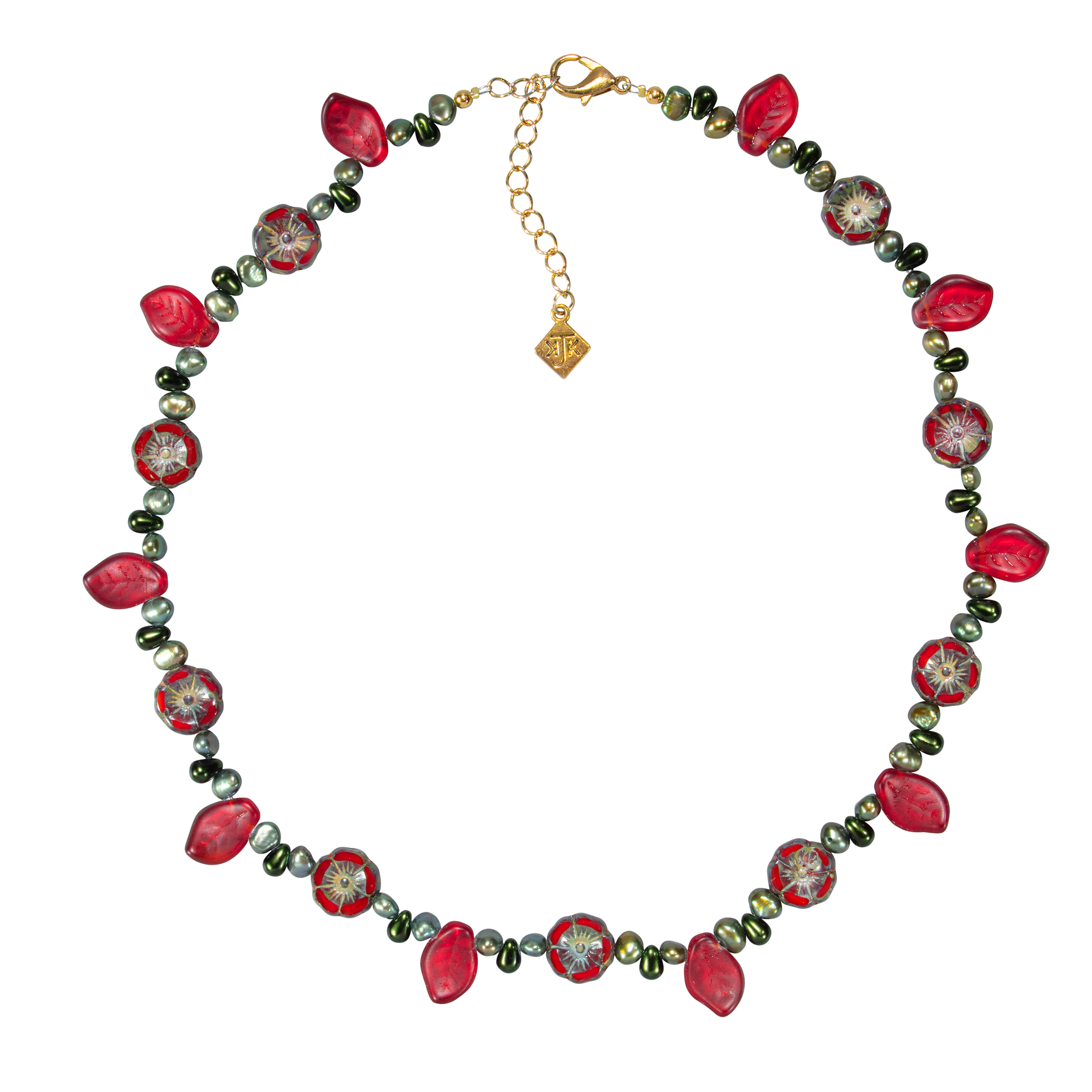 Red Czech Flowers & Leaves With Green Pearl & Glass Choker