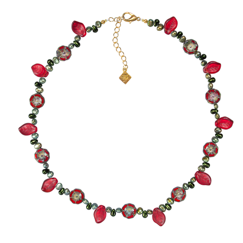 Red Czech Flowers & Leaves With Green Pearl & Glass Choker