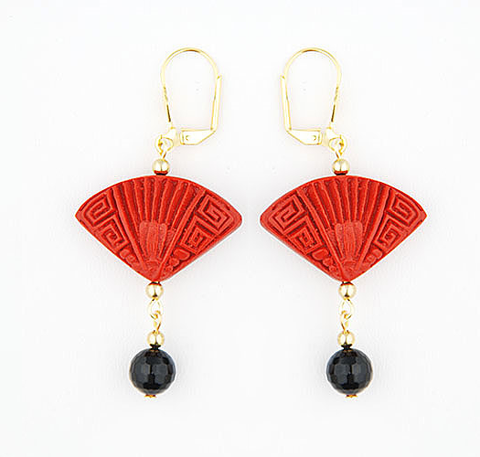 Cinnabar Fan With Faceted Semi-Precious Stone Earring