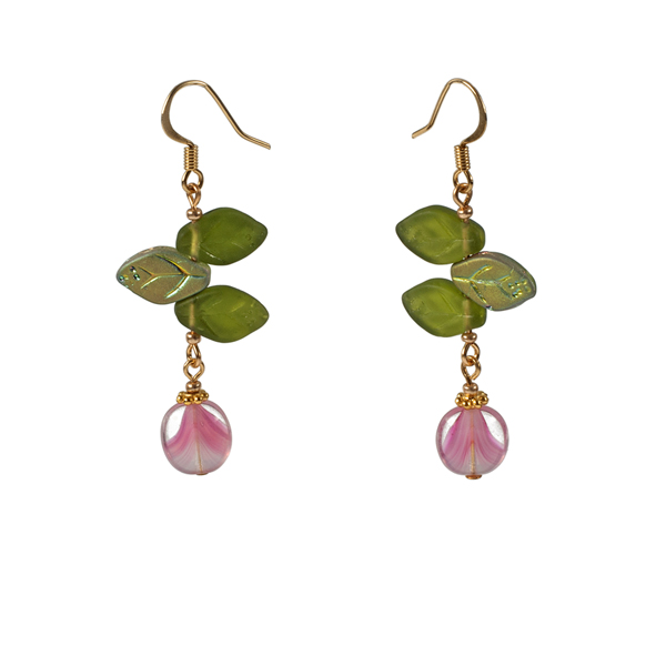 Triple Bohemian Glass Leaf & Pink Oval Earring
