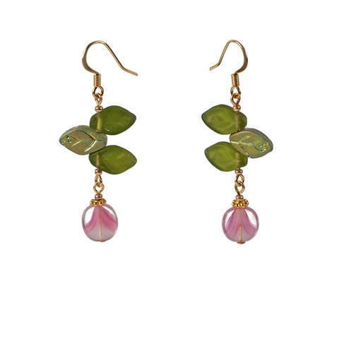 Triple Bohemian Glass Leaf & Pink Oval Earring
