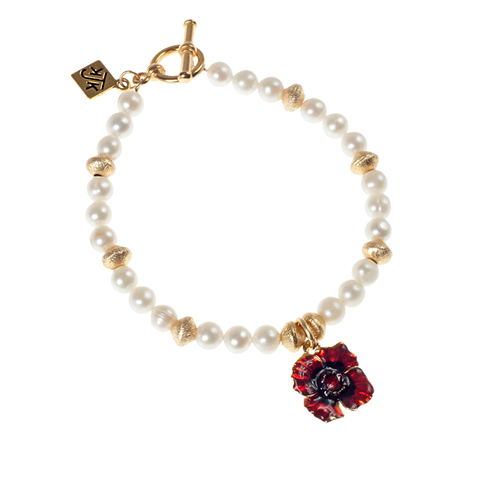 Red Enamel Poppy, Brushed Gold & Cultured Pearl Bracelet