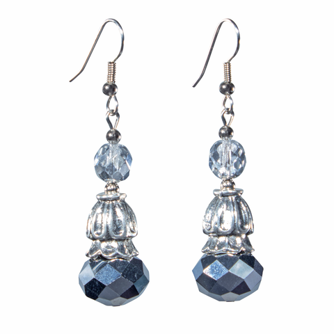 Faceted Metallic Crystals With Ornate Caps Earring